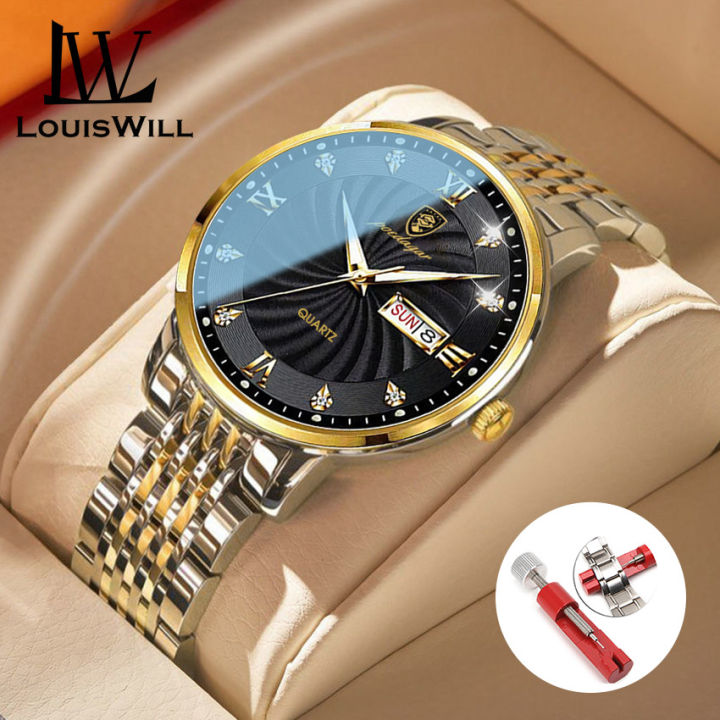 LouisWill Men's Fashion Watch Chinese English Double Calendar Watch Waterproof Luminous Watch Diamond Quartz Watch Steel Band Watch Luminous Pointer