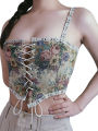 Women Summer Retro Corset, Flower Print Spaghetti Strap Low-Cut Sleeveless Bandage Crop Tops for Girls.