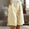 Fashion Solid Color Pants Pocket Button Up Capris Elastic Waist Loose Cotton Linen Women's Shorts.