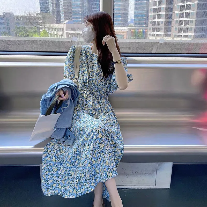 Korean Women's Summer Long Print Chiffon Beach French Flower Pleated Boho  Dress Elegant Wedding Vintage V-Neck Dresses New | Daraz.com.bd