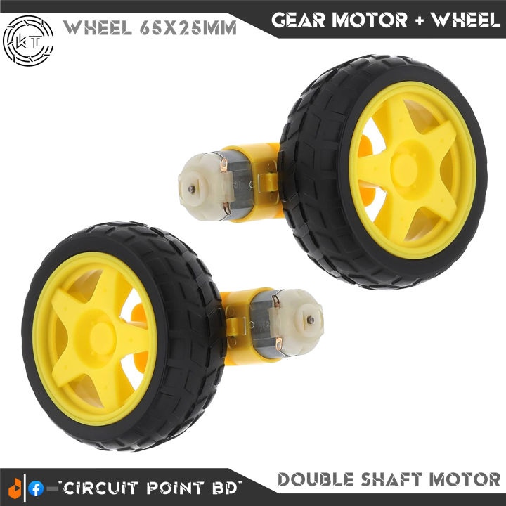 Dc Gear Motor Dual Shaft And Robotic Car Wheel for RC Car (2 Pair = 2 Yellow Motor + 2 Wheel 65mm)