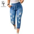 Sunnyheart Capri Denim Pants Washable Skinny Ripped Holes Capri Denim Pants. 