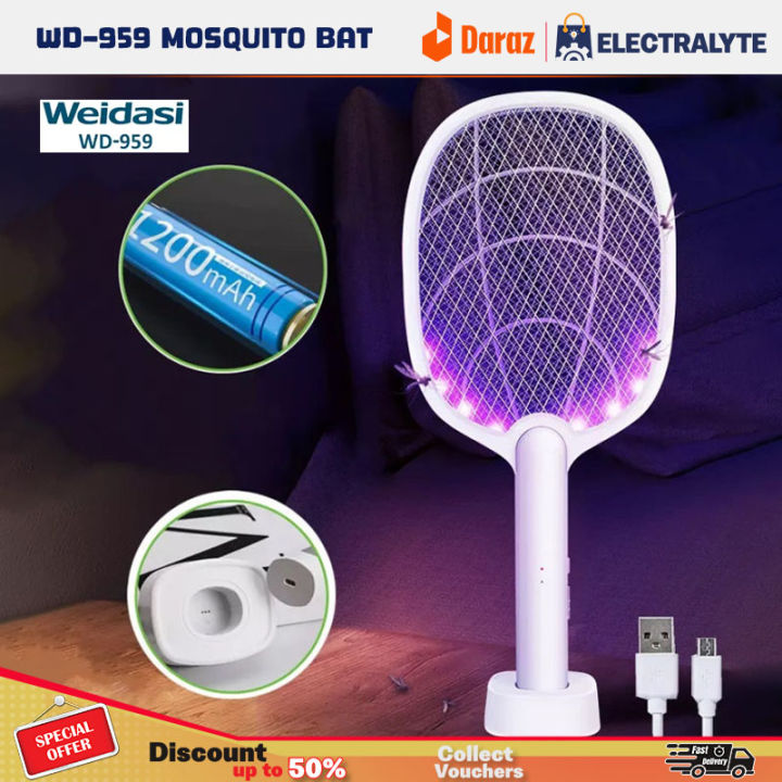 Weidasi WD-959 Mosquito Bat Rechargeable with Lure Light Insect bugs Lamp Stand Holder USB Charging Cable Included Electric Swatter Lithium Ion Battery WD 959 Mosquito Bat