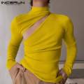 INCERUN Men T Shirt Solid Turtleneck Long Sleeve Streetwear 2022 Hollow Out Fashion Men Clothing Fitness Casual Camisetas S-5XL. 