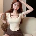 Hot Girls Unique Chic Sweet and Spicy Style Short Top Design Sense Niche Clavicle Square Collar Short Sleeve T Women's Summer T-shirt ins.