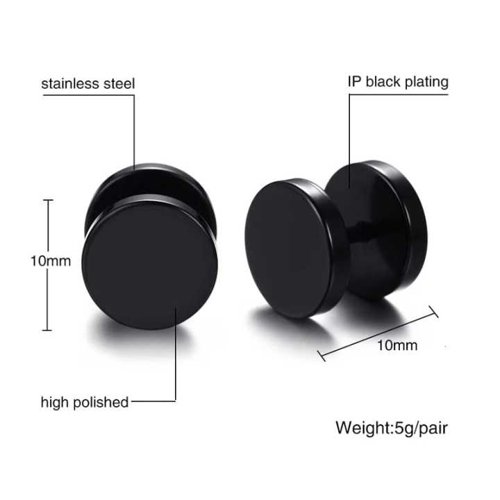 1pair Black Stainless Steel Barbell Round Stud Earrings for Men Women Dumbbell Earrings Punk