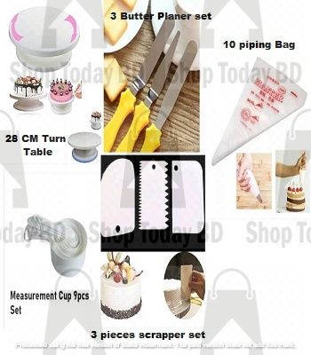 Combo Of Turn Table +3 Butter planer set + 3 pcs Scrapper + White 9 pcs Measurement cup set + 10 Pieces Piping Bag
