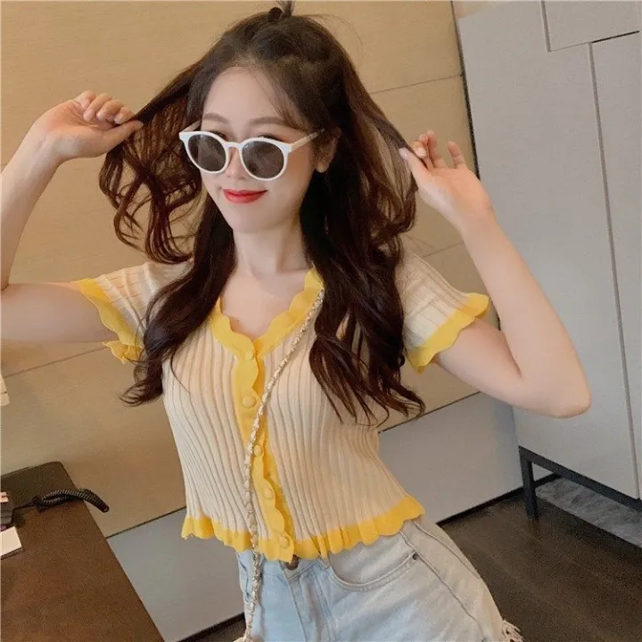 v%20Collar%20T%20T-shirt%20Short-Sleeved%20Summer%20Clothes%20Hot%20Girl%20Ice%20Silk%20Knitted%20Cardigan%20Design%20Sense%20Navel%20Purple%20Short%20Top%20Niche%20Style%20-%20Image%202