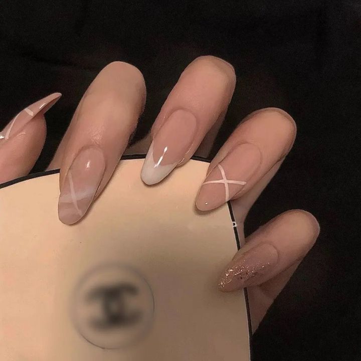 24pcs French Almond Head False Nails White Line Cross Set Nails Full Coverage Art Press on Nail with Nails Accessories T