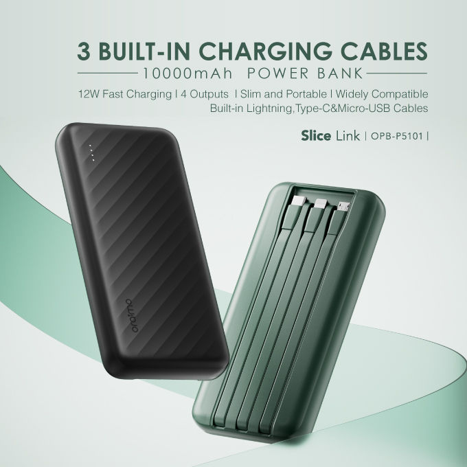Slice Link 12W Fast Charge 10000mAh Power Bank with 3 Built-in Cables