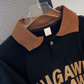 Sense of Design polo Collar Letter Short Sleeve T T-shirt Women's Summer Loose Contrast Color Niche Student Top.