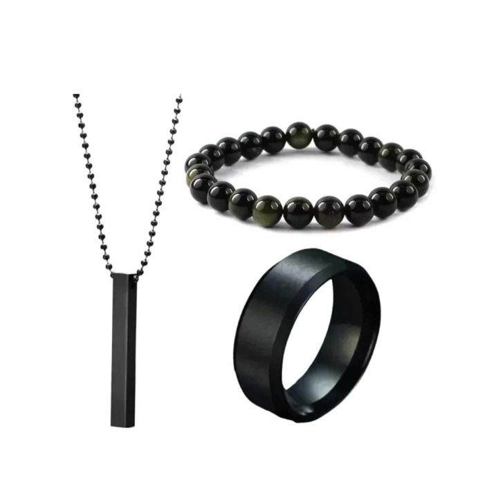 BELLINA Stylish Bar Pendant, Neck Chain, Ring, and Oval Kada Bracelet Set for Men