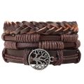 4Pcs/ Set Multilayer Leather Bracelet Braided Bracelets for Men Vintage Life Tree Rudder Charm Wood Beads Ethnic Tribal Wristbands.