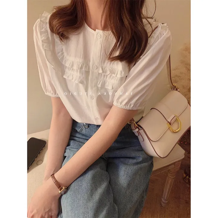 French%20Style%20Temperament%20Lace%20Collar%20Puff%20Sleeve%20Short%20Sleeve%20Shirt%20for%20Women%20Summer%20New%20High-Grade%20Chic%20Blue%20Gentle%20Top%20-%20Image%203