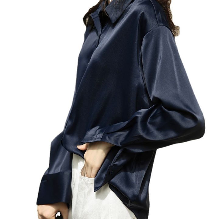 White%20Shirt%20Women's%20Design%20Sense%20Xiaozhong%20Fu%20Gugang%20Style%20Top%20Draping%20Shirt%20Mercerizing%20Satin%20Surface%20Loose%20Korean%20Style%20Professional%20-%20Image%205