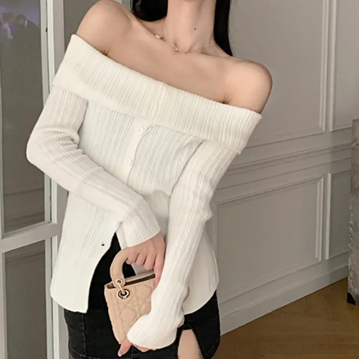 Women's%20Off%20Shoulder%20Sweater,%20Long%20Sleeve%20Solid%20Color%20Button%20Down%20Knit%20Jumper%20Tops%20-%20Image%202