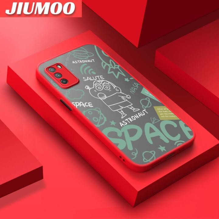 JIUMOO For Xiaomi Poco M3 Case Cartoon Cute Crayon Astronaut Frosted Transparent Back Cover Lens Camera Protect Phone Case Edge Full Cover Casing Hard Cases