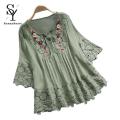 Sunnyheart Summer Shirt V-Neck Sweet Flower Decoration Hollow Lace Patchwork Blouse. 