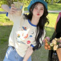 Western Style Contrast Color Short Sleeve Shoulder T T-shirt Women's Unique Design Sense Niche Korean Sweet Top with Jeans Summer.
