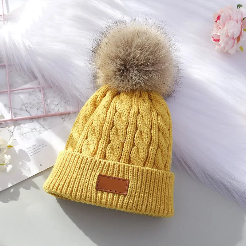 Pompom Baby Hat Solid Color Autumn Winter Warm Knitted Kids