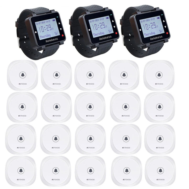 Retekess T128 Restaurant Pager Wireless Waiter Calling System 3 Watch Receiver + 20pcs TD017 Call Button For Cafe Bar Clinic