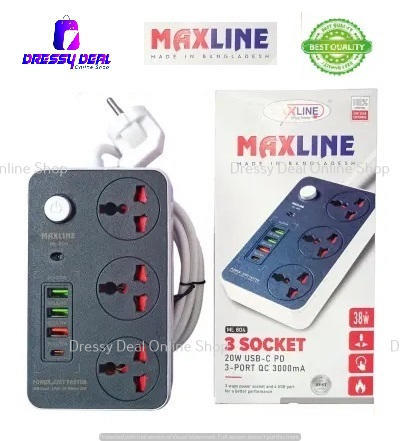 Maxline ML-804, Multifunction 3 Socket & 4 USB With Lightning Port Fast Charging PD20W QC3.0 Multiplug Power 3 Socket Multiplug