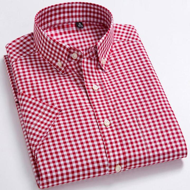 Men's 100% Cotton Plaid Striped Short Sleeve Shirt Single Patch Pocket Button-down Holiday Youthful Casual Checkered Thin Shirts
