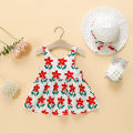 【Great Selection】 Summer New Girl Dress With Hat Sweet Flower Print Birthday Squad Dress Sweet Princess Dress.
