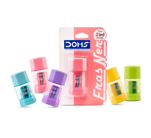 DOMS Erasner Dual-Sided Pencil Sharpeners and Erasers 2-Pack - Vibrant Colors, Assorted Shapes