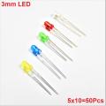 50Pcs 3mm LED Mixed Color Red Green Yellow Blue White.