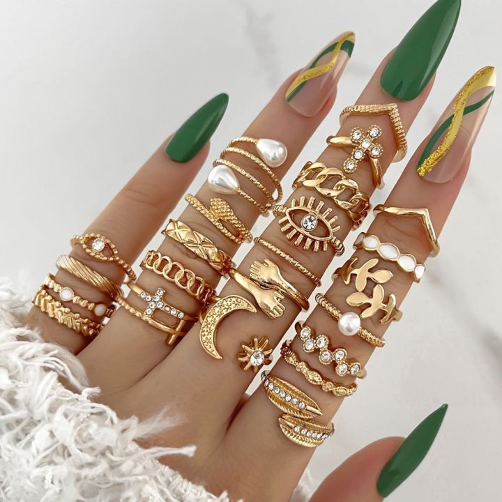 Bohemian Geometric Rings Set For Women Eye Cross Sun And Moon Leaf Charm Finger Ring Female Fashion Party Jewelry