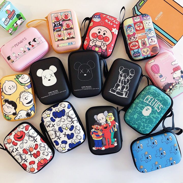 Rectangular big bag cute headphone storage bag cartoon large coin purse charger data cable storage box with rope