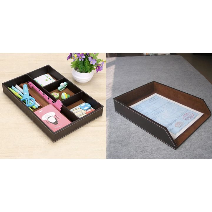 2PCS%204%20Slots%20Desk%20Drawer%20Organizer%20with%20PU%20Leather%20Collection%20Letter%20Tray%20Brown%20Single%20Layer%20-%20Image%203
