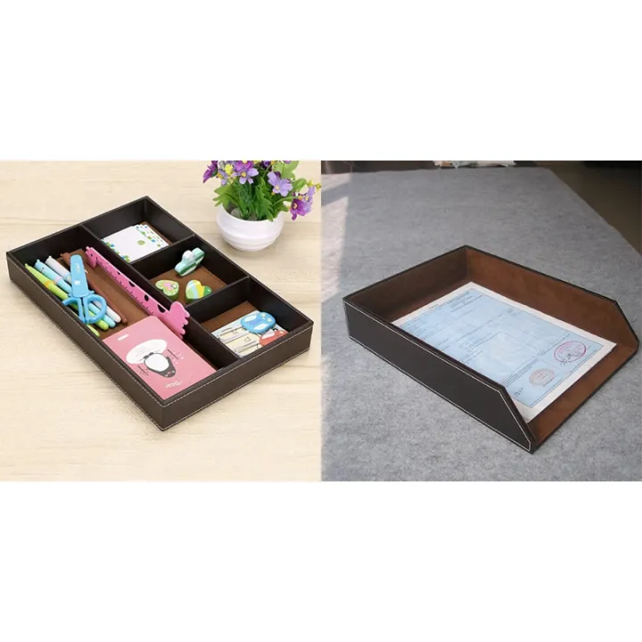 2PCS%204%20Slots%20Desk%20Drawer%20Organizer%20with%20PU%20Leather%20Collection%20Letter%20Tray%20Brown%20Single%20Layer%20-%20Image%203