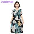 Casual Dress Floral Print Round Neck Nightdress for Women Comfortable Knee Length Homewear Midi Dress with Short Sleeves Casual Lady Nightgown for Women Cotton Silk Dress.