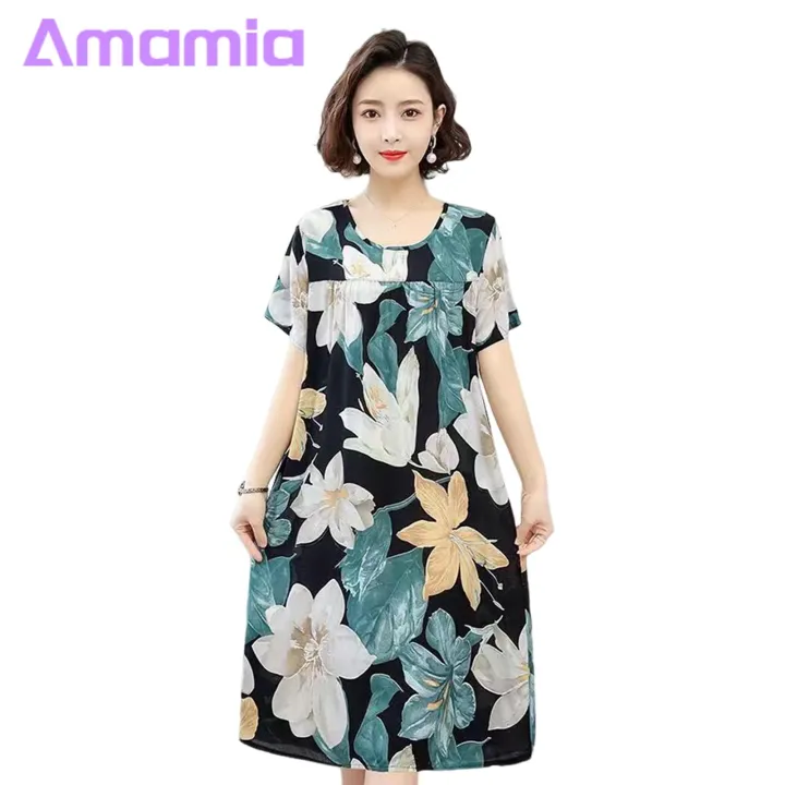 Casual%20Dress%20Floral%20Print%20Round%20Neck%20Nightdress%20for%20Women%20Comfortable%20Knee%20Length%20Homewear%20Midi%20Dress%20with%20Short%20Sleeves%20Casual%20Lady%20Nightgown%20for%20Women%20Cotton%20Silk%20Dress%20-%20Image%202