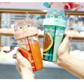420ml Children Double Straws Water Bottle Outdoor Portable Bottle Student Couple Plastic Cup Gift Dual Use Drinking Water Kettle.
