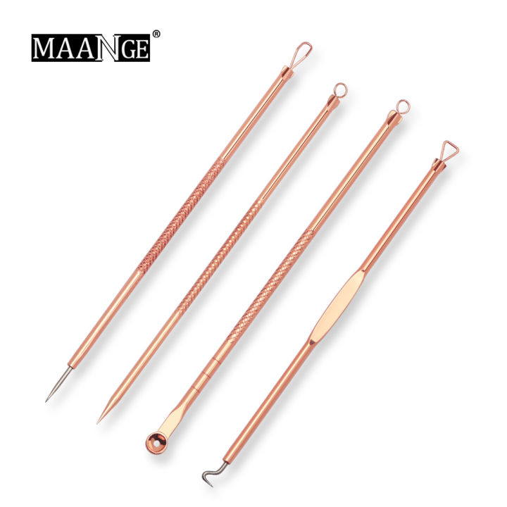 MAANGE - 4 Pcs Stainless Steel Blackhead Remover Kit, Acne Pimple Extractor, Needle Tweezers, Facial Skin Care Tools