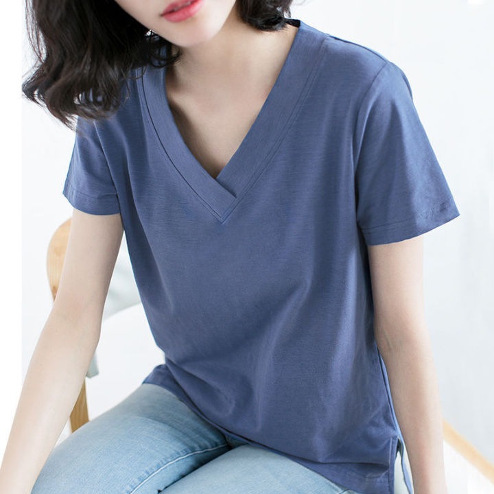 %E3%80%90100%25Cotton%20Slub%20Cotton%E3%80%91Summer%20New%20Short%20SleeveTT-shirt%20Women's%20Korean-Style%20Large%20Size%20Loose%20All-MatchingV-Neck%20Top%20-%20Image%208