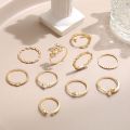 10Pcs/Set Trendy Sweet Crystal Leaf Flower Moon Star Opening Heart Rings Bohemian Women Rhinestone Jewelry Fashion Geometric Rings Set. 