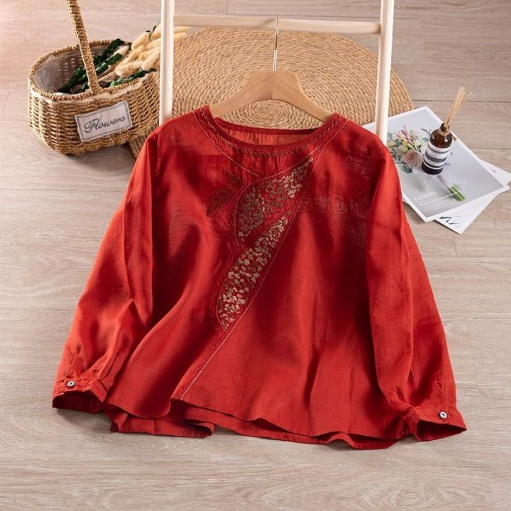 Ethnic%20Style%20Cotton%20and%20Linen%20Embroidery%20Shirt%20Women's%20Spring%20and%20Summer%20round%20Neck%20T%20T%20Shirt%20Loose%20All-Match%20Tea%20Clothes%20Retro%20Top%20for%20Women%20-%20Image%204