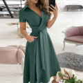 2021 New Women Elegant V-Neck Midi Dresses Short Sleeve Lace Up Female Print Dress Summer Office Ladies Casual Chic Vestidos. 