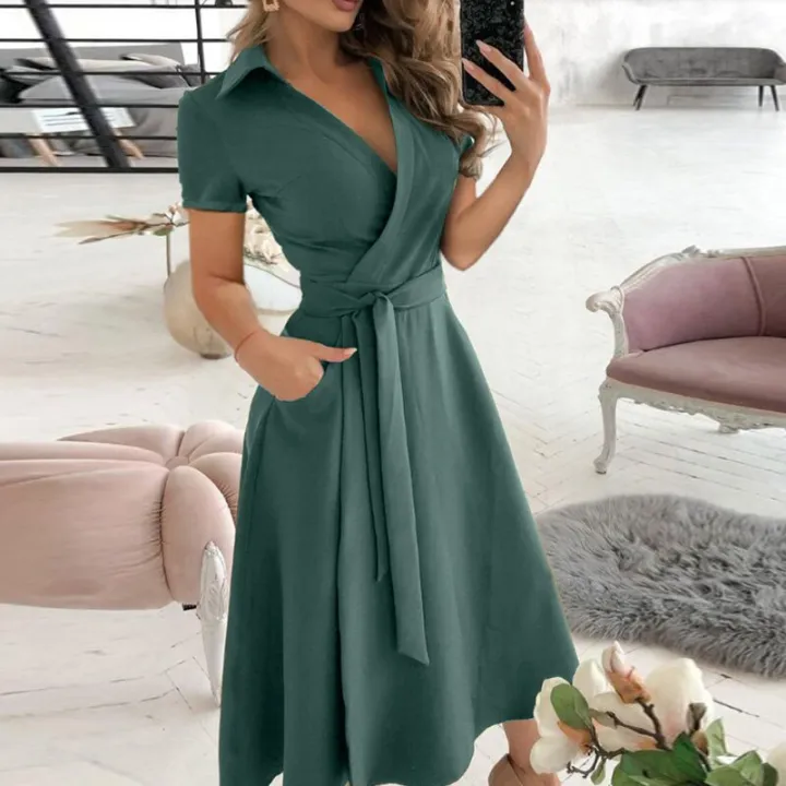 2021%20New%20Women%20Elegant%20V-Neck%20Midi%20Dresses%20Short%20Sleeve%20Lace%20Up%20Female%20Print%20Dress%20Summer%20Office%20Ladies%20Casual%20Chic%20Vestidos%20-%20Image%202