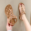 Cross border women's shoes foreign trade plus size bohemian herringbone sandals women's shoes summer new clip-toe flower flat shoes.