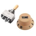 Cream Dark Blue Font 1 Volume& 2 Tone Guitar Control Knobs for Fender Strat & Solid Knob Shaft Box Style Les Paul Sg 3 Way Pickup Selector Toggle Switch, Beige Tip.