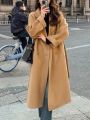 Korean Fashion Women Casual Loose Woolen Coat Elegant and Chic Solid Outerwear Long Overcoat with Belted Female Warm Cloak. 