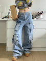 Autumn Winter New Ladies Cargo Jeans American Street Style Baggy Cargo Pants Women Blue Multi-pocket Wide Leg Jeans for Women. 