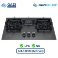 Gazi Smiss GH-8301M Three-Burner Gas Stove –Energy Saving, Marvel Top, Auto Ignition, Brass Burner Cap, Blue Flame, NG/LPG Gas Compatible.. 