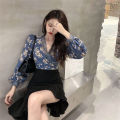 Women Elegant Floral Printed Blouses, Lace V Neck Warp Bow Tie Neck Lantern Sleeve Shirts Top. 
