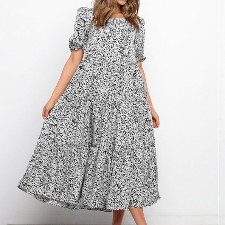 Summer puff sleeve plaid polka dot stitching loose beach boho dress for womens long casual maxi Dress vintage dress vestido